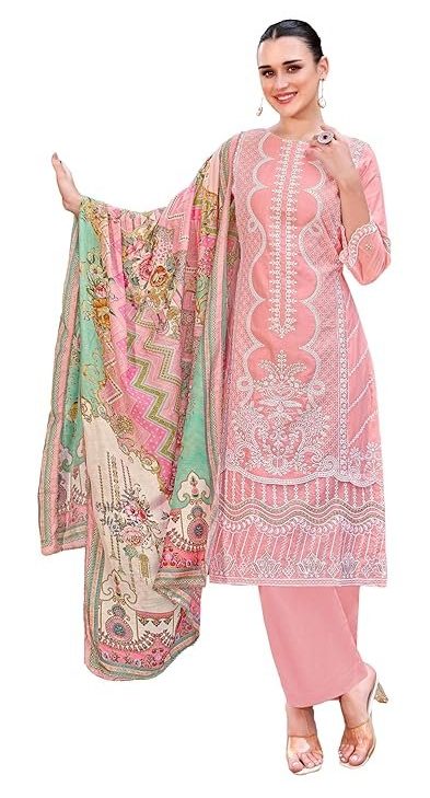 DRAVINAM Trends Women's Exquisite Unstitched Viscose Cambric Lawn Cotton Suit Dress Material with Embroidered Daman & Sleeves | Stylish Pure Cotton Digital Print Dupatta & Solid Bottoms