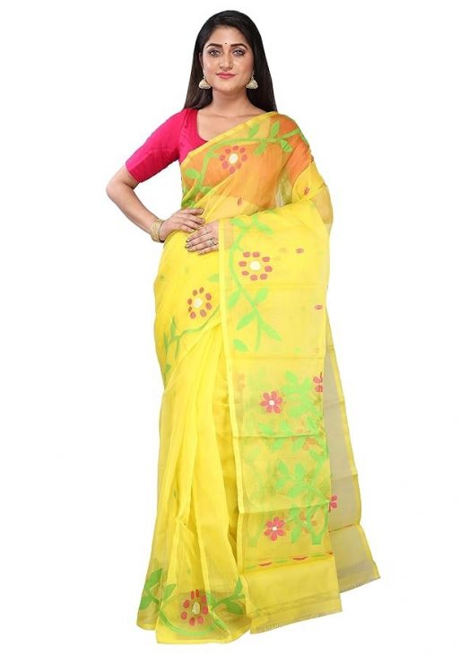Ruprekha Fashion Women's Yellow Colour Pure Silk Jamdani Work Muslin Handloom Saree from Bengal