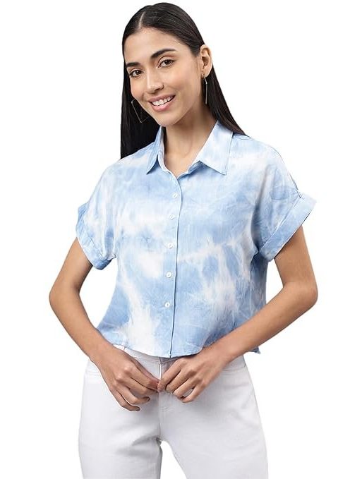 Latin Quarters Women Blue Cap Sleeve Shirt Collar Dyed Top