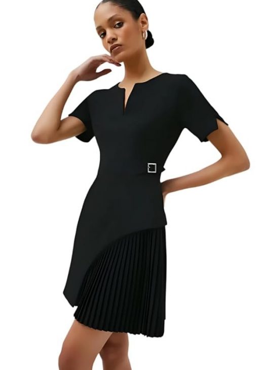 POSE Black Side Pleat Dress for Women | V-Neck Design, Side Pleated Detail, Comfort Fit | Lightweight, Material | Elegant Formal Wear for Women – Ideal for Office & Professional Use