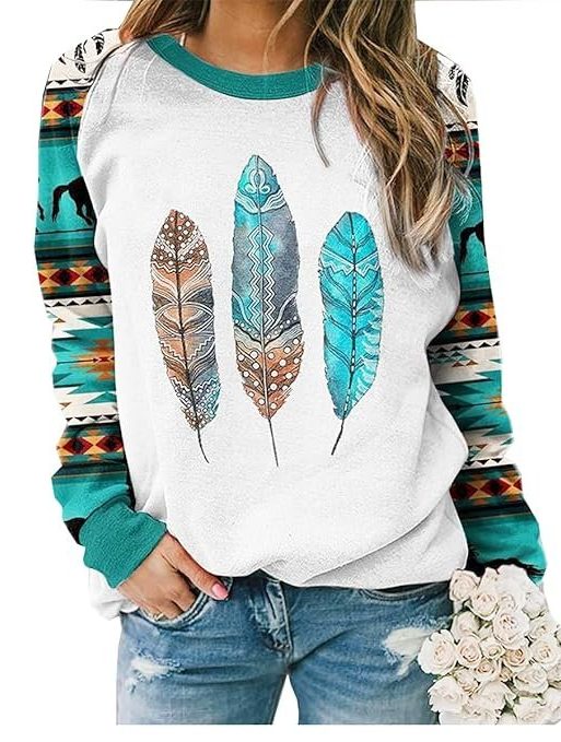 Womens Long Sleeve Shirts Western Aztec Print Fit Tops Fall Casual Fashion Round Neck Blouses