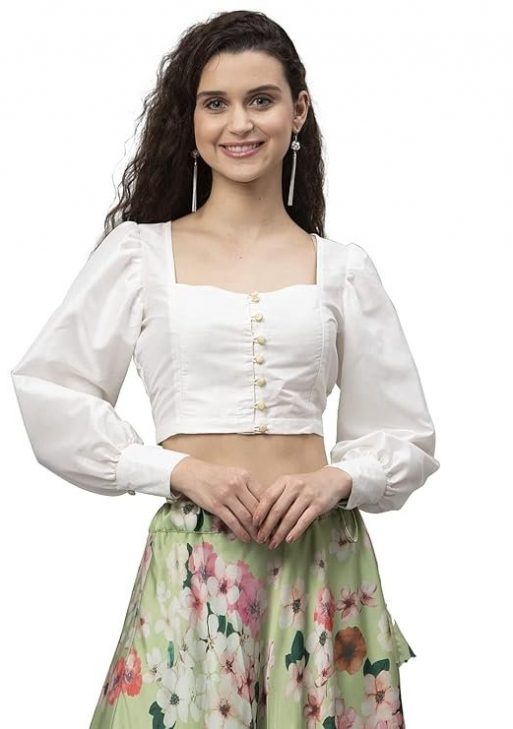 studio rasa Women's Silk Blend Button Down Crop Top for Festive Wedding Party