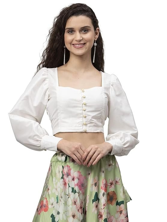 studio rasa Women's Silk Blend Button Down Crop Top for Festive Wedding Party