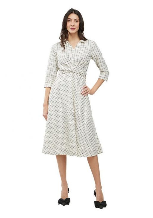 FableStreet Cotton Checkered Wrap Dress - Off White and Black