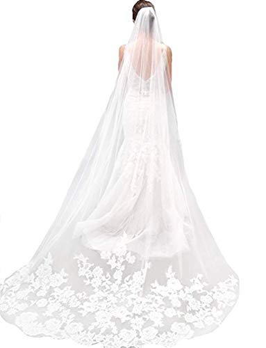 GOWNLINK Ladies Synthetic Christian Bridal Veil Headwrap With Lace Wedding Accessory White Lace Patches With Front Face Layer 4 Meter Comb Attach 1800L