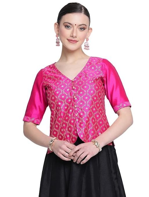 studio rasa Women's Silk Blend Block Printed Button Down Top for Wedding Festive Party