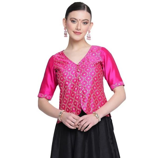studio rasa Women's Silk Blend Block Printed Button Down Top for Wedding Festive Party