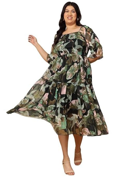 DEEBACO Duck Printed Chiffon Fit & Flare Midi Plus Size Dress for Women's |Square Neck 3/4 Puff Sleeves|Summer Western Party Casual Wear Dress for Ladies (Multicolor)