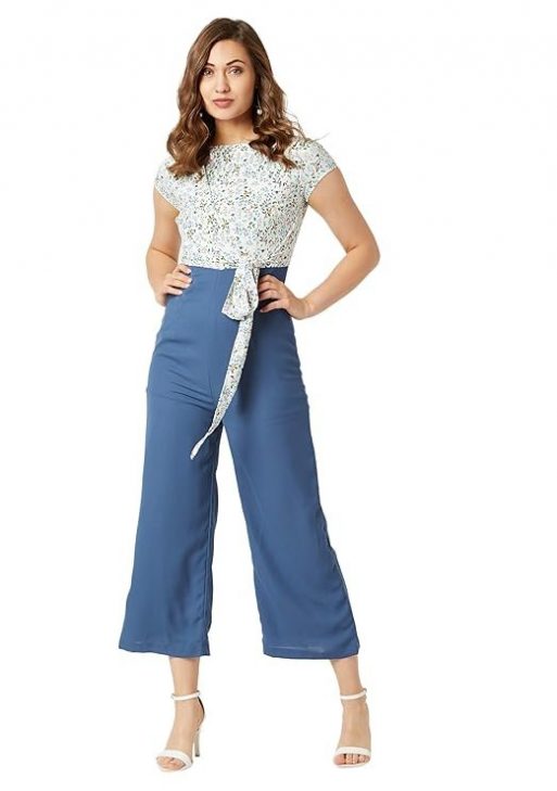 Miss Chase Women's Multicolored Round Neck Short Sleeves Floral Waist Tie-Up Regular Length Jumpsuit