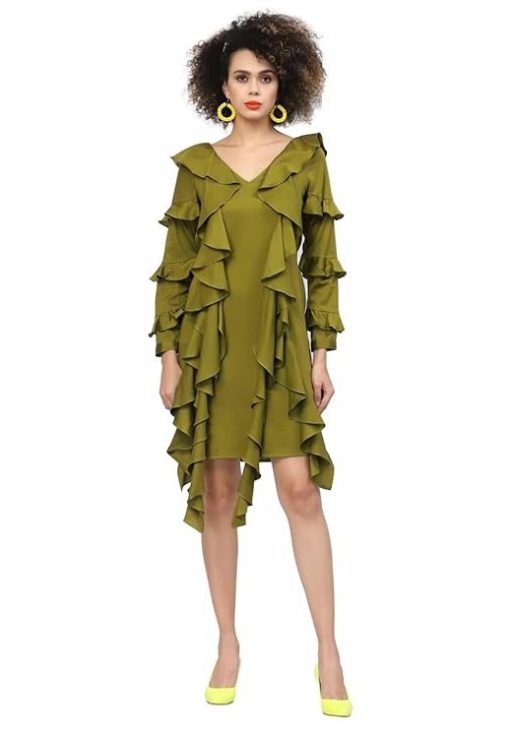 LELA Olive Cotton Dress with Frill Sleeves & tie Belt