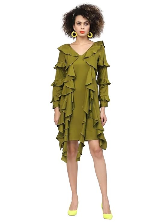 LELA Olive Cotton Dress with Frill Sleeves & tie Belt