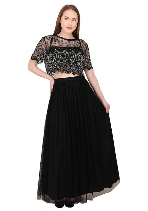 A C C Women Western Party Sequin Beaded Crop Top (XX-Large, Blk/SIL)