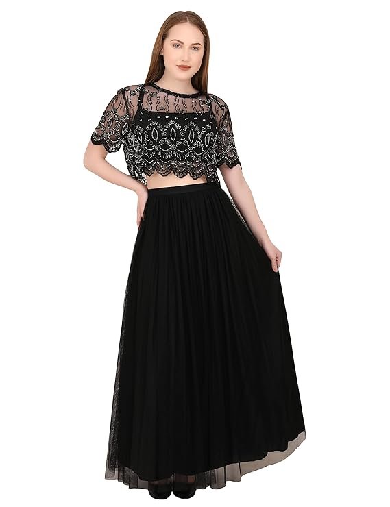 A C C Women Western Party Sequin Beaded Crop Top (XX-Large, Blk/SIL)