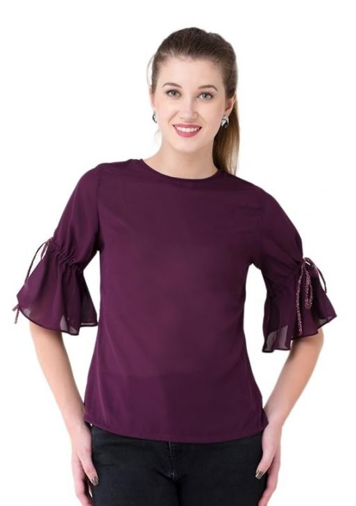 V&M Women’s Purple Solid Casual Top | Designer 3/4 Tie-Up Sleeve Blouse | Regular Fit Polyester Top for Office, Vacation, Party, Daily Use