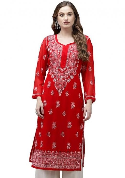 Ada Women's Georgette Regular Fit Chikankari Kurti