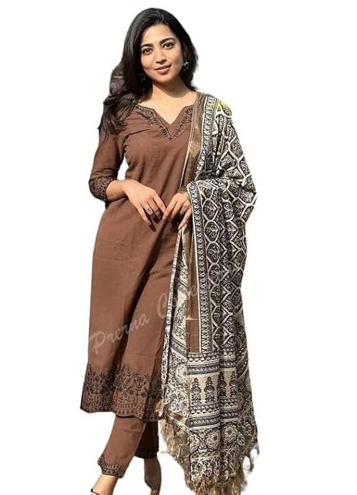 ROYAL ARTSY Women Pure Cotton Brown Kurti Pant Dupatta Set