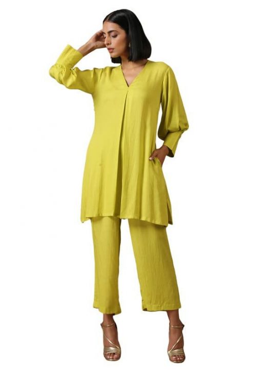 true Browns Women's Textured Cotton Cocktail V Neck Lime Green Solid Textured Co-Ord Set Dress (Lime Green)