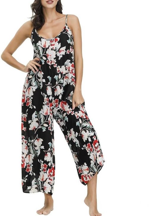 BUENOS NINOS Women's V Neck Floral Maxi Dress Boho Printed Adjustable Spaghetti Strap Ethnic Beach Long Dress with Pockets (XXL, Black Jumpsuit)
