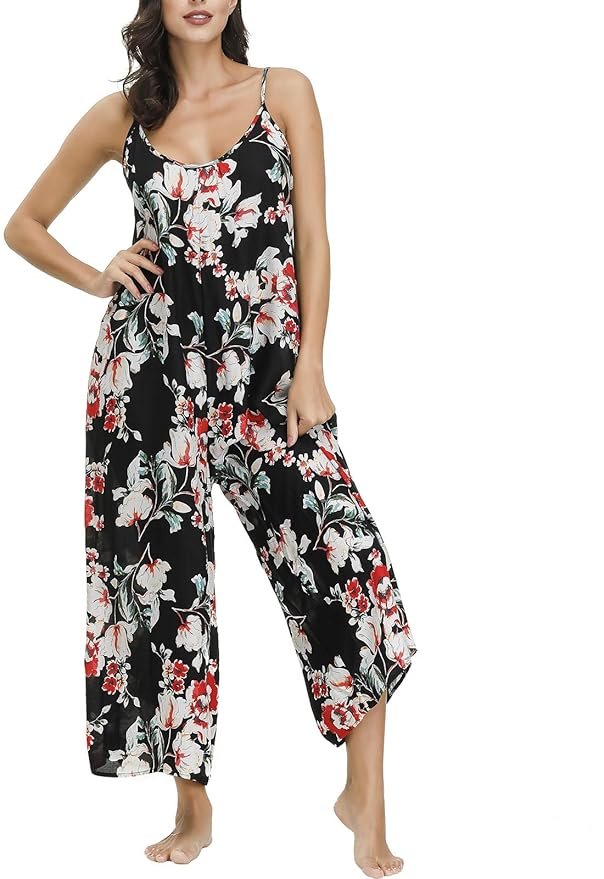 BUENOS NINOS Women's V Neck Floral Maxi Dress Boho Printed Adjustable Spaghetti Strap Ethnic Beach Long Dress with Pockets (XXL, Black Jumpsuit)