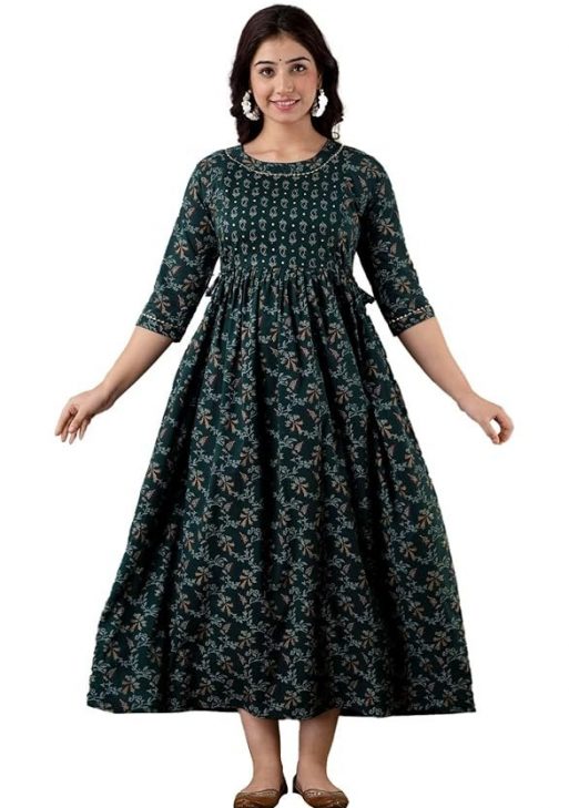 GOPI RAJU Women's Pure Cotton All Over Printed Maternity Gown Feeding Nighty A line Feeding Dress Kurti Gown