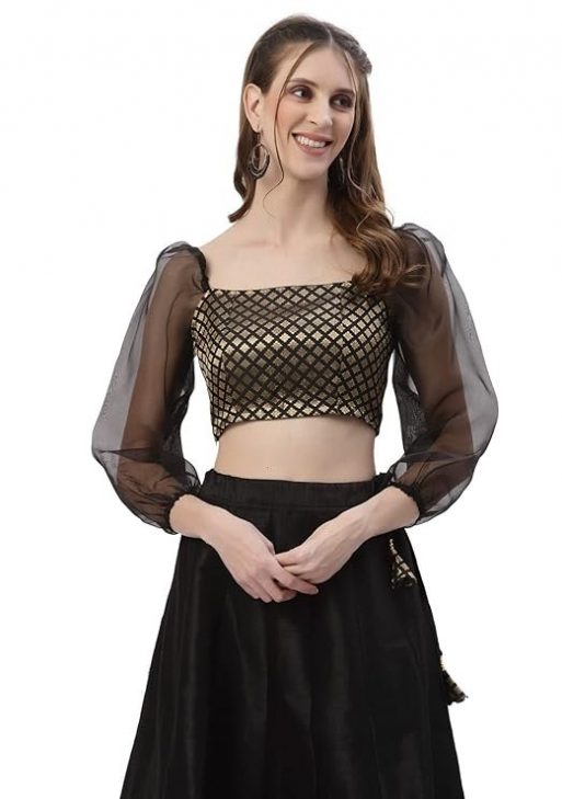 studio rasa Women's Brocade and Organza Puff Sleeves Crop Top for Wedding Party Festives