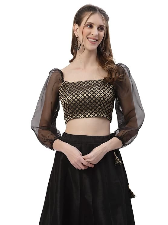 studio rasa Women's Brocade and Organza Puff Sleeves Crop Top for Wedding Party Festives