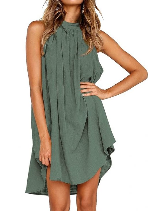 KIRUNDO 2024 Women Summer Mini Dress Halter Neck Sleeveless Loose Pleated Short Beach Sundress