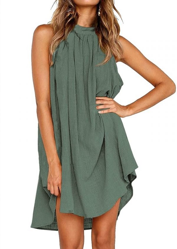 KIRUNDO 2024 Women Summer Mini Dress Halter Neck Sleeveless Loose Pleated Short Beach Sundress