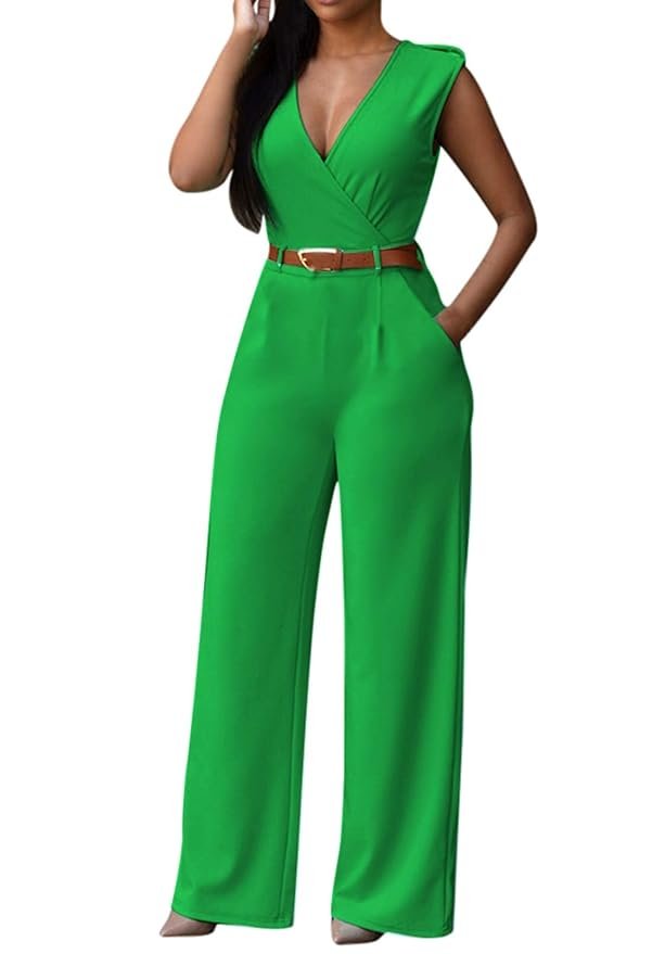 Pink Queen Women's Sleeveless V Neck Long Loose Belted Jumpsuits Rompers