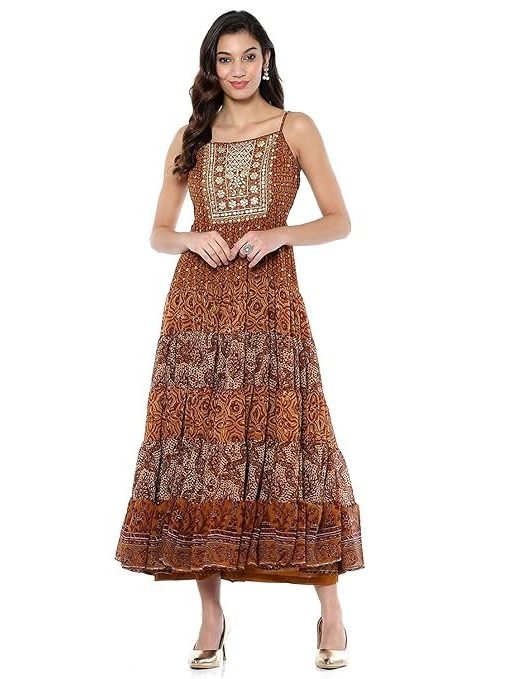 BIBA Women's Polyester Tiered Floor Length Dresses