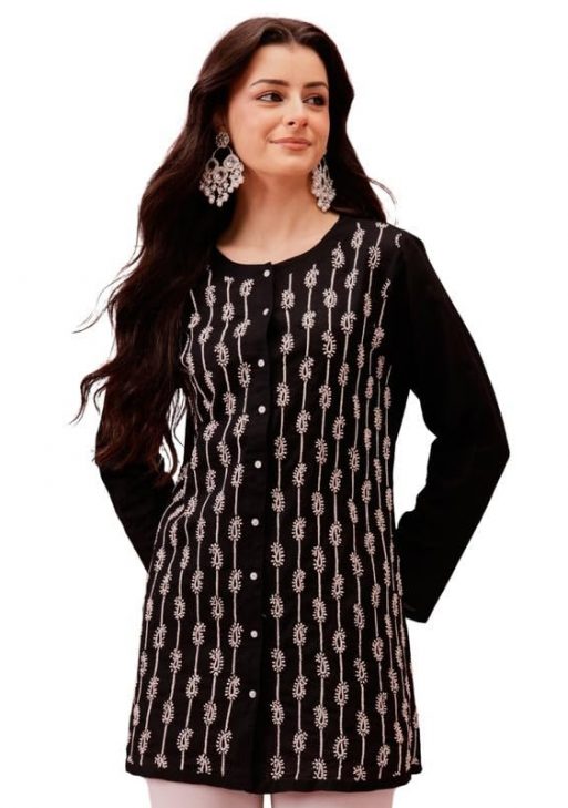 Ada Hand Embroidered Lucknowi Chikankari Cotton Straight Short Top Kurti Shirt for Women A911488