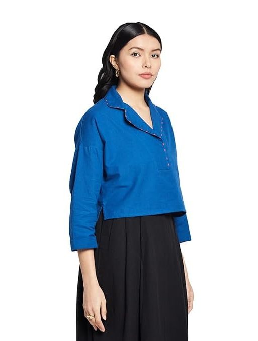 Fabindia Women Cotton Linen Blue Solid Lapel Collar Slim Fit Top