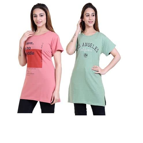 New Crush Women Cotton Printed Regular Fit T-Shirts/Top/Long Night Wear T-Shirt for Women's & Girls (Pack of 2)