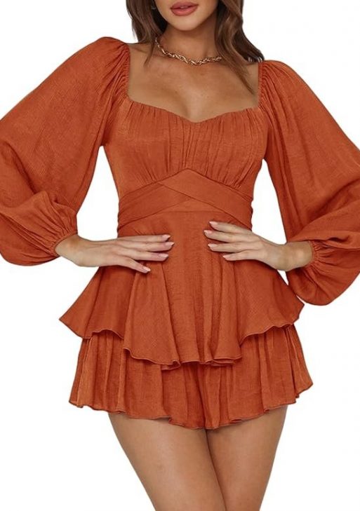 Ahtyeo Women's Casual Off Shoulder Romper Double Layer Ruffle Hem Waist Tie Short Jumpsuits Long Baggy Sleeves Mini Dress, A Brown, Small