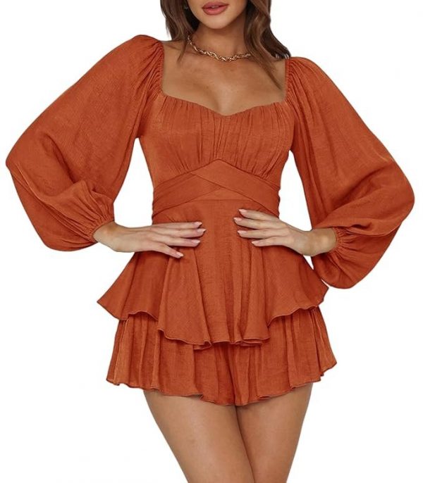 Ahtyeo Women's Casual Off Shoulder Romper Double Layer Ruffle Hem Waist Tie Short Jumpsuits Long Baggy Sleeves Mini Dress, A Brown, Small