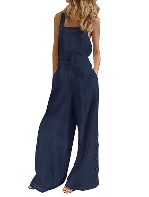 Layfuz Fashion Women Solid Color Jumpsuit Sleeveless Pocket Zipper Button Loose Casual Romper Overall Playsuit