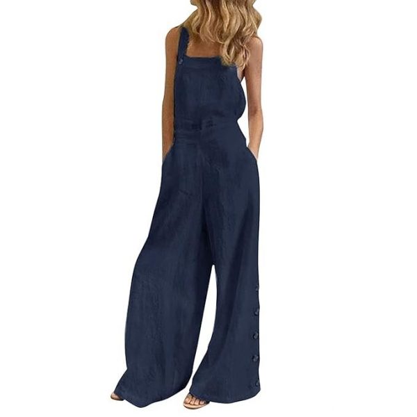 Layfuz Fashion Women Solid Color Jumpsuit Sleeveless Pocket Zipper Button Loose Casual Romper Overall Playsuit