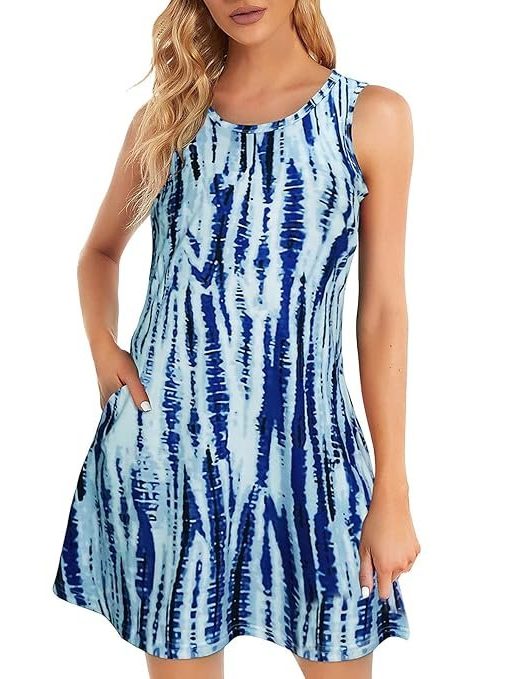 VEZARON Tank Dresses for Women O Neck Sleeveless Dress Summer Tunic Waist A-Line Swing Dresses Summer Dresses for Women Casual Loose Printed Tank Top Dress
