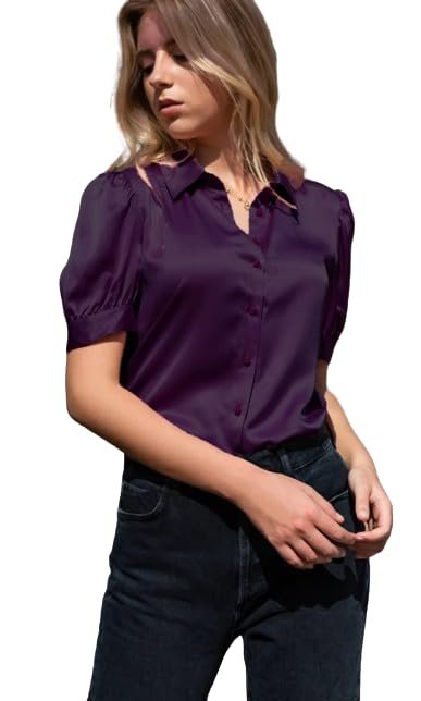 BHIKADIYA Women Regular Fit Solid Cut Away Collar Casual Shirt, Smocked Blouse for Women's Point Collar Puff Sleeve Vintage Peasant Top