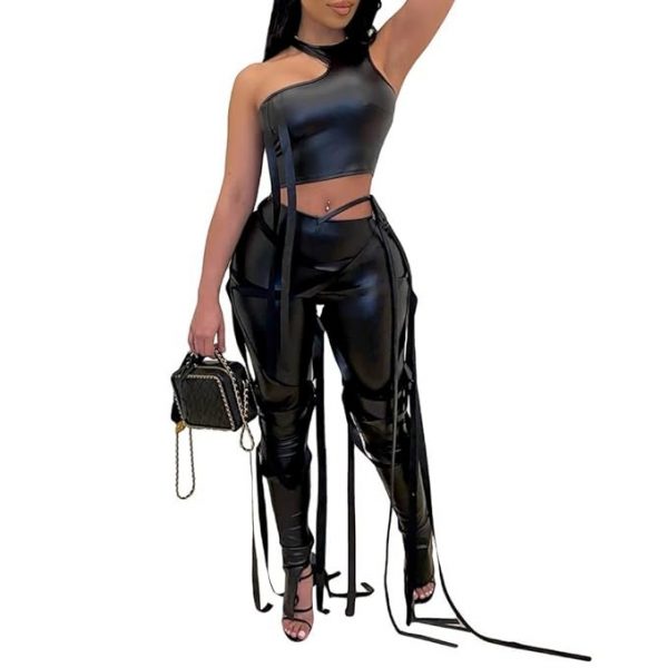 MESLIMA Women's Bandage 2 Piece Elastic Irregular Tank Top Solid Lace Up Bodycon Split Long Pant Sets Clubwear