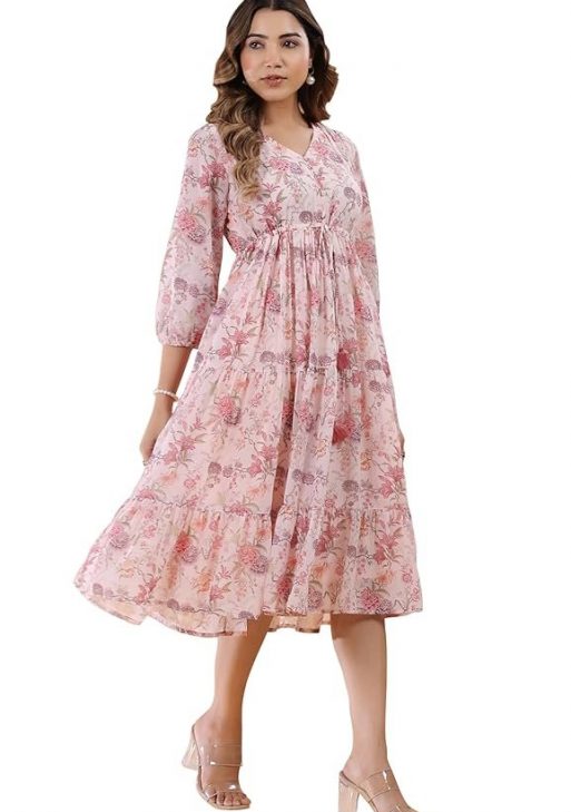 Janasya Women's Pink Georgette Floral Printed Tiered Dress