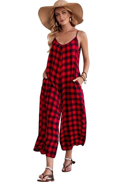 BUENOS NINOS Women's V Neck Floral Maxi Dress Boho Printed Adjustable Spaghetti Strap Ethnic Beach Long Dress with Pockets S Red Black Buffalo Plaid Jumpsuit