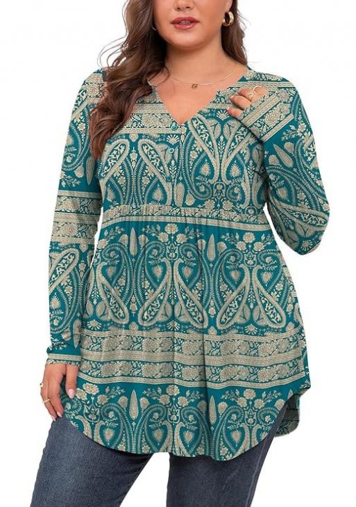 SHIJIALI Women's Plus Size Henley Shirts V Neck Button Tunic Tops Casual Long Sleeve Swing Flowy Blouse
