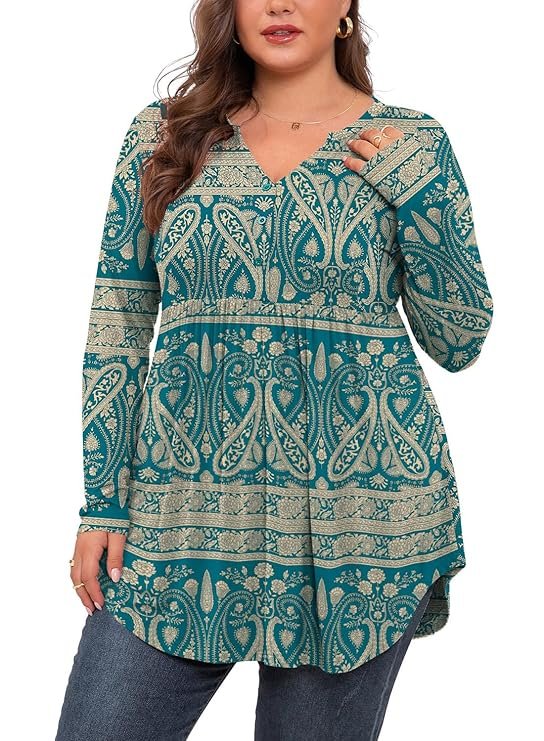 SHIJIALI Women's Plus Size Henley Shirts V Neck Button Tunic Tops Casual Long Sleeve Swing Flowy Blouse