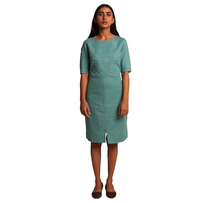 REEPEAT "PRACHI Women's Teal Cotton Hemp Midi Dress - Elevate Your Wardrobe for Effortless Style|Teal|XS|