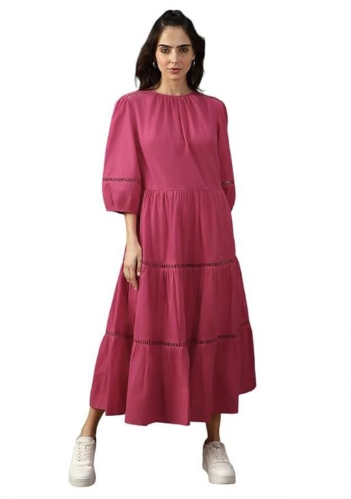 High Star Women Solid Cotton Flared Fit Round Neck Short Sleeve Dresses