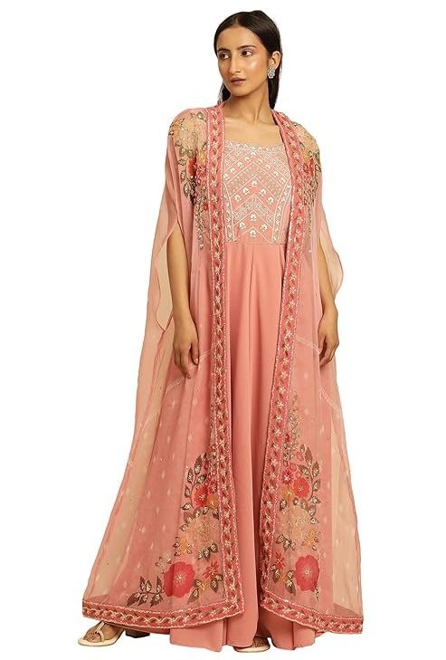 W for Woman Wishful Pink Festive Solid Print Organza Cape & Dress