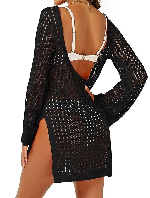 Women's Crochet Swimsuit Coverup Hollow Long Sleeve Swimsuit Cover Up Side Split Knit Swimwear Beach Dress