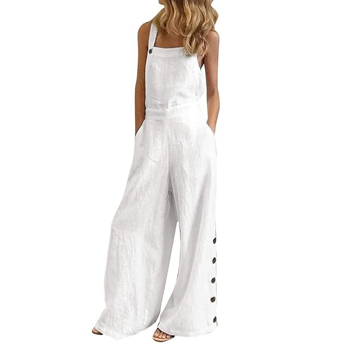 Fashion Women Solid Color Jumpsuit Sleeveless Pocket Zipper Button Loose Casual Romper Overall Playsuit-Layfoo