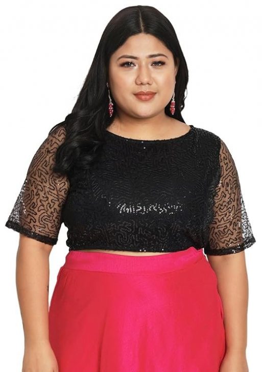studio rasa Women's Plus Size Net Sequin Embroidered Sheer Sleeves Crop Top for Wedding Festive Party
